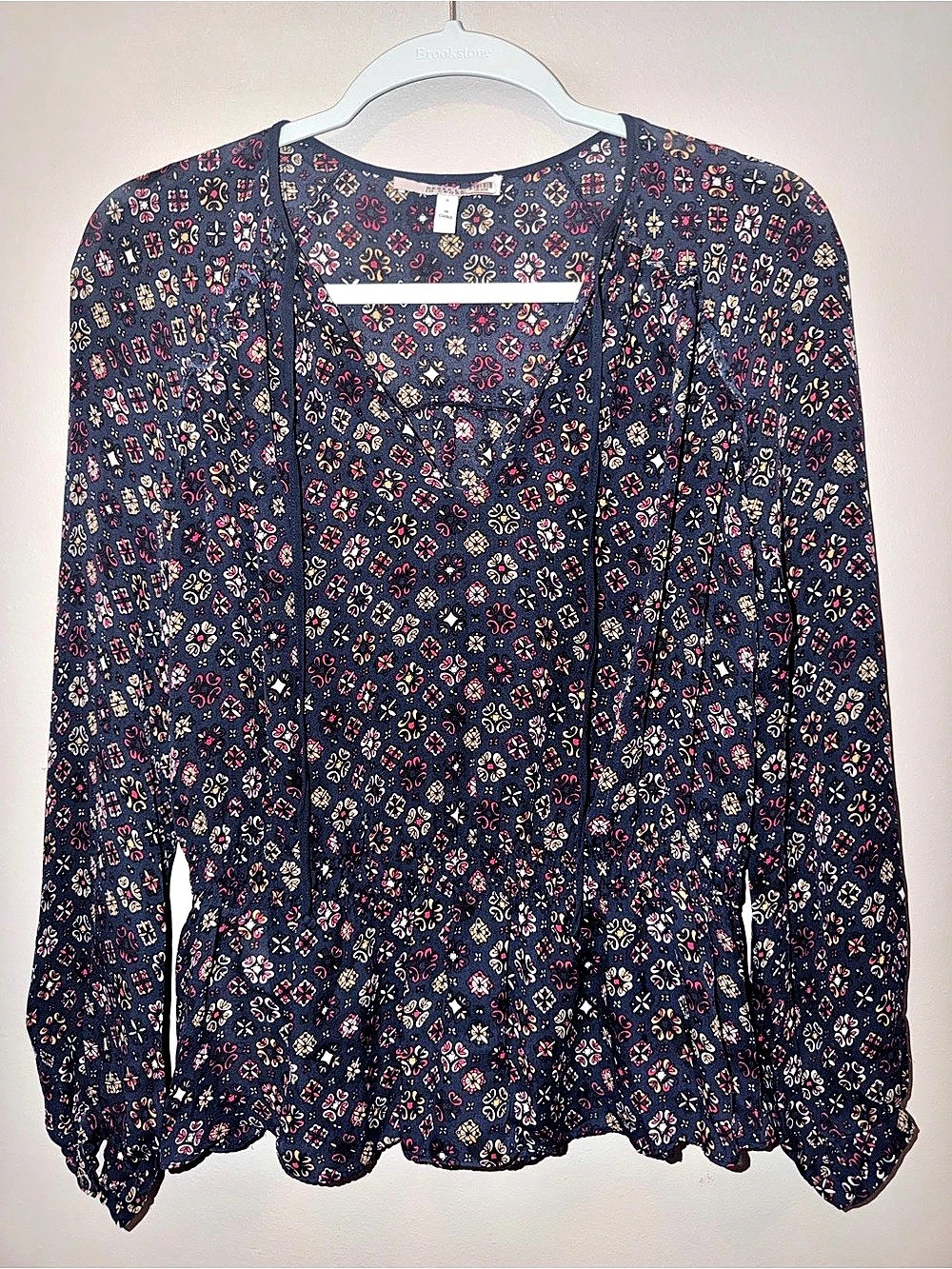 Derek Lam 10 Crosby Navy Blue Geometric Medallion Tie-Neck Blouse Long Sleeve